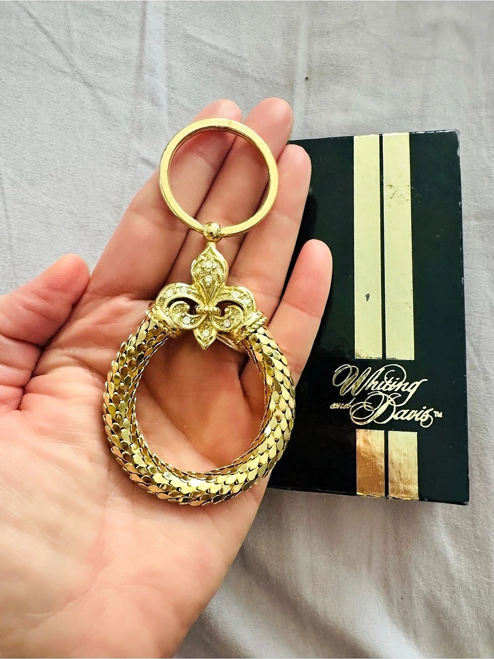Rare Flur De Lis Whiting & Davis Gold-Tone Mesh Keychain Like New